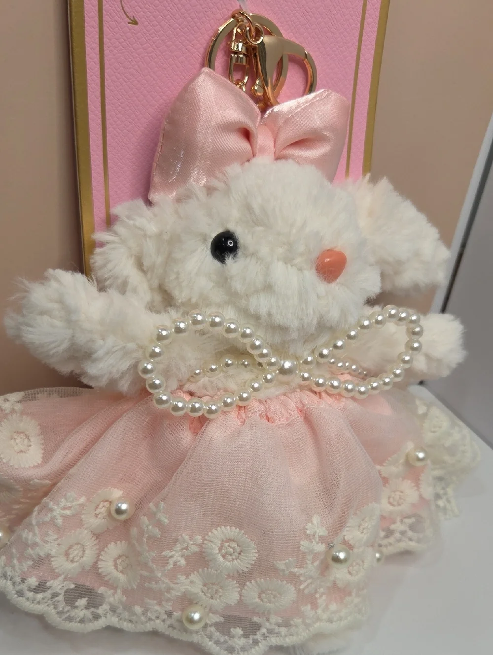 💕▪️Piper K ▪️Plush Bunny Keychain Card Holder in Pink with Pearl Bow